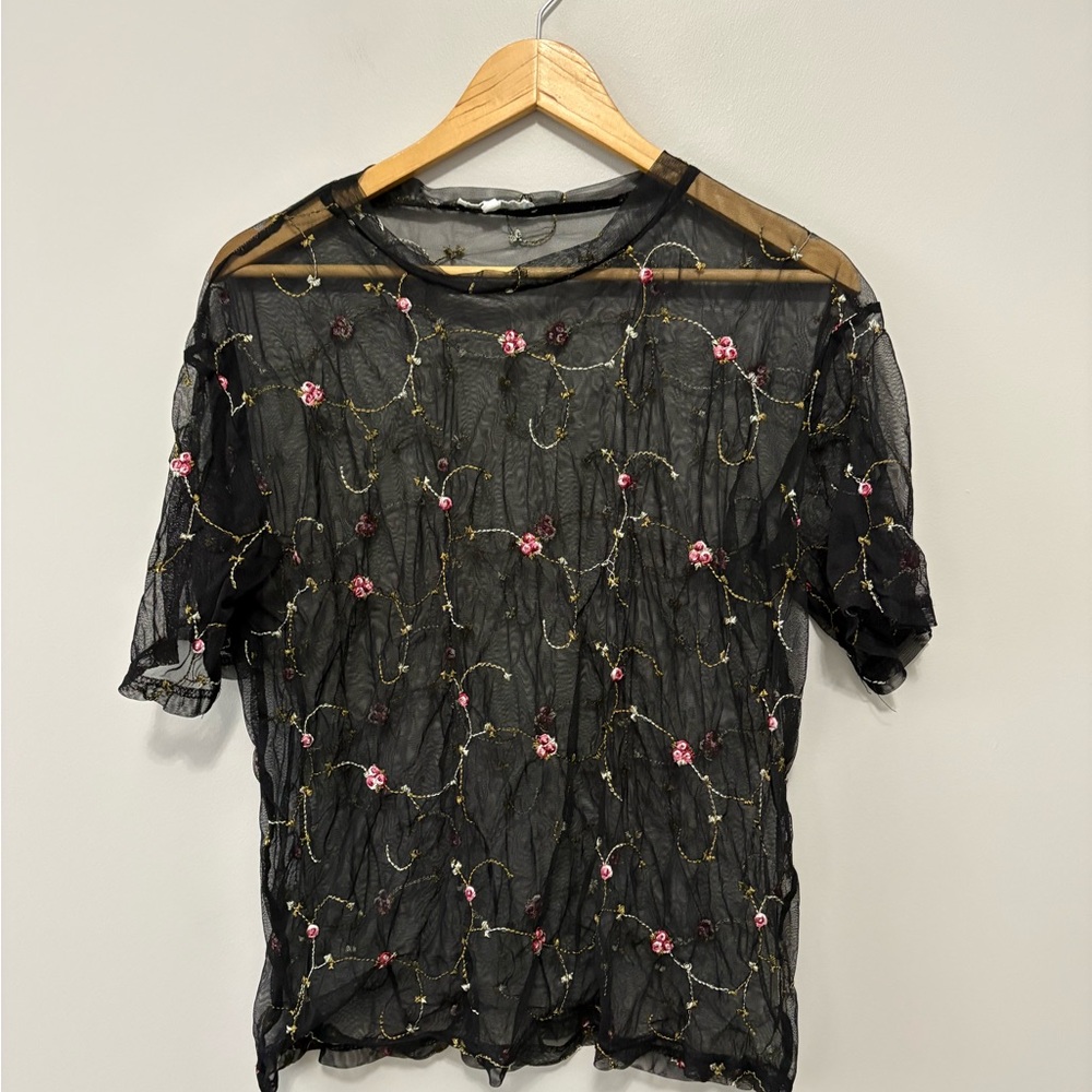 Fairycore Fairygoth Sheer Black Floral Embroidered Mesh Top